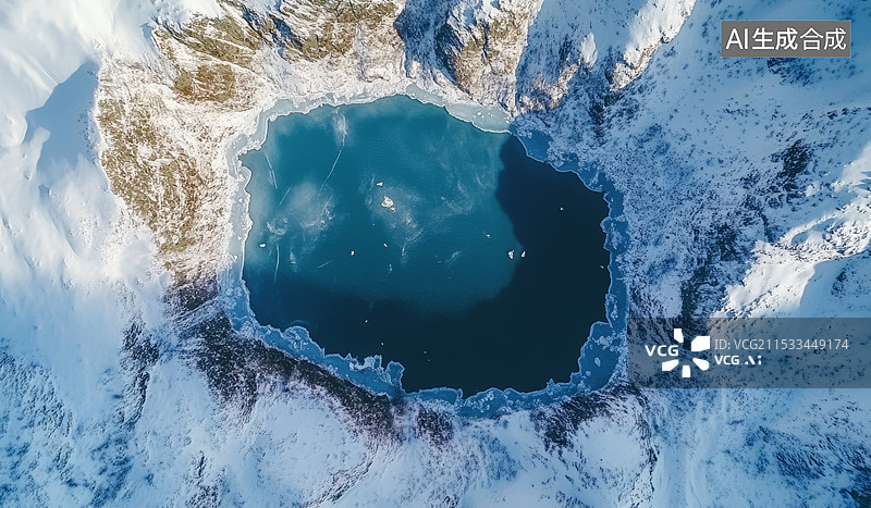 【AI数字艺术】一幅壮丽的全景式冬季山景。皑皑白雪覆盖了群山峻岭，一个湖在中心图片素材
