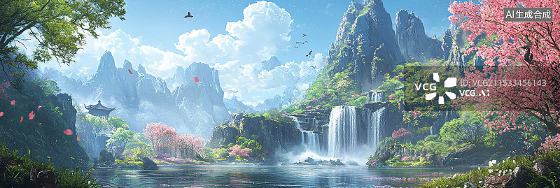 【AI数字艺术】自然山水瀑布春意盎然画面图片素材
