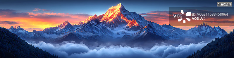 【AI数字艺术】日落时白雪皑皑的群山景色图片素材