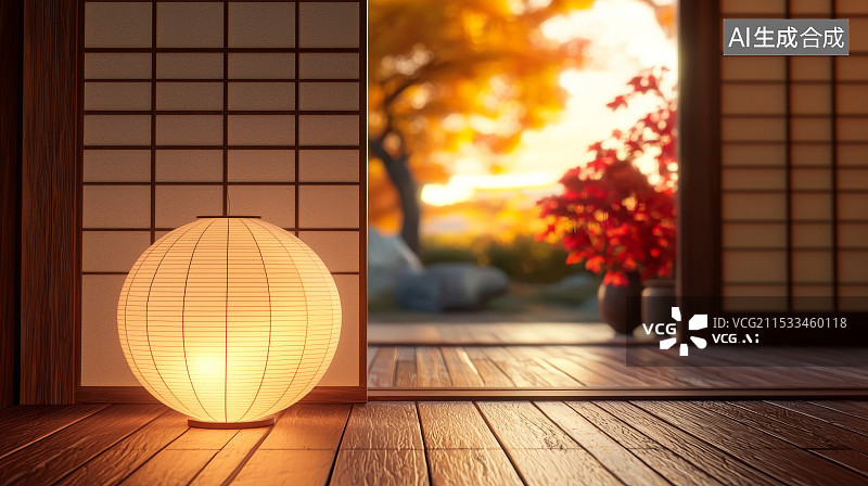 【AI数字艺术】房间中的纸灯与秋季风景图片素材