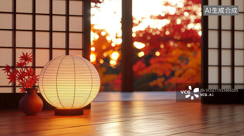 【AI数字艺术】房间中的纸灯与秋季风景图片素材