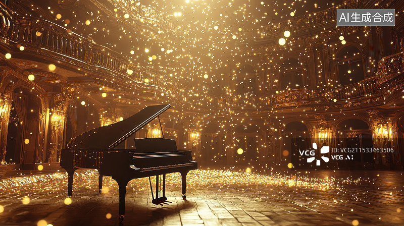【AI数字艺术】华丽大厅中的钢琴与金色灯光图片素材