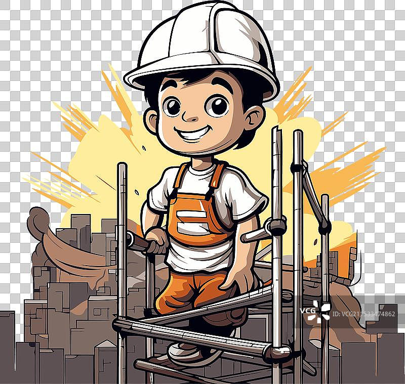 一个戴着安全帽的男孩在建筑工地上图片素材
