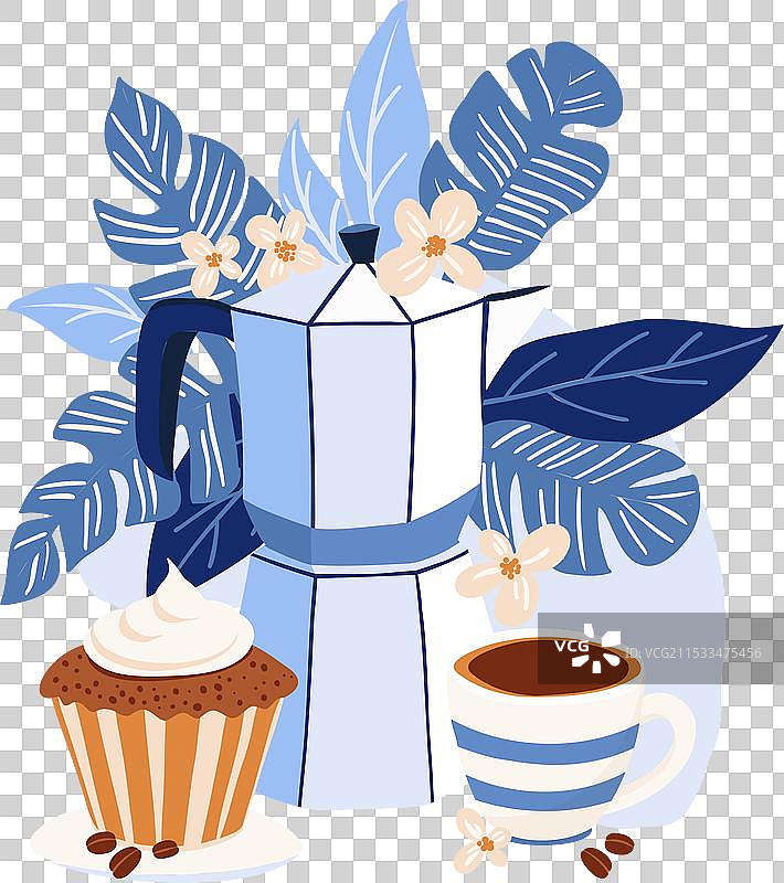 摩卡壶咖啡和杯子蛋糕图片素材