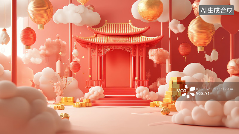 【AI数字艺术】红色背景，中国传统文化背景图，新年，新春，烟花，红色背景，中式婚礼图片素材