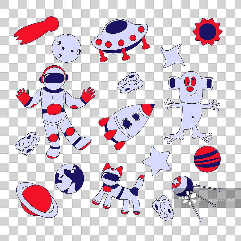 一组太空探险者与飞碟飞船图片素材