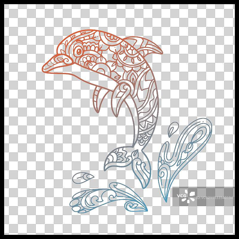 渐变色彩的海豚曼陀罗艺术作品，孤立于背景上图片素材