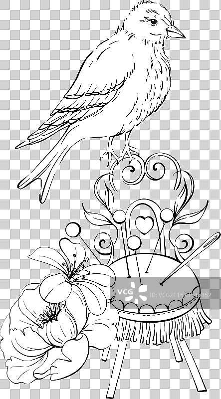 复古鸟与针垫上的别针钮扣图片素材