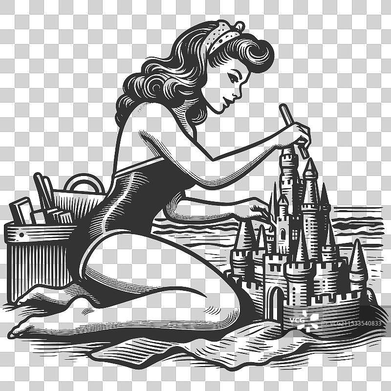 海滩场景，女人在堆沙堡图片素材