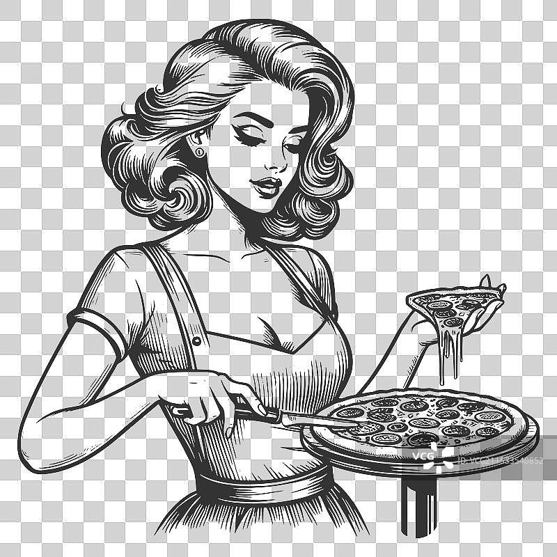 女性在端披萨图片素材