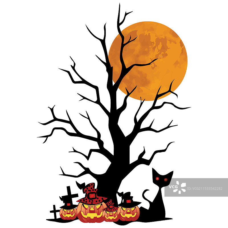 手绘南瓜和月亮与树木剪影图片素材