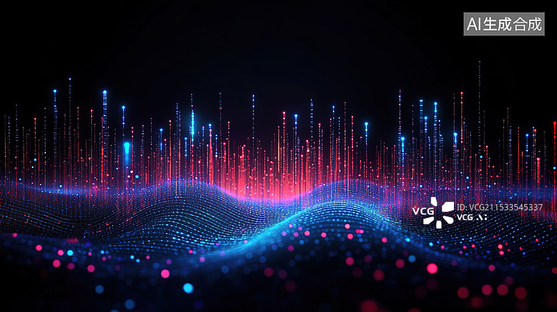 【AI数字艺术】暗色背景下的蓝红色发光线条科技背景图片素材