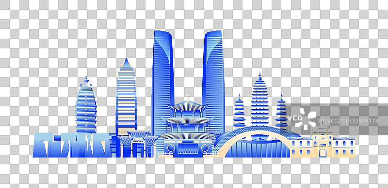 蓝色昆明城市建筑科技现代插画图片素材