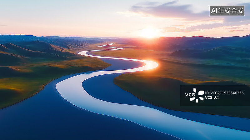 【AI数字艺术】蜿蜒河流与落日余晖图片素材