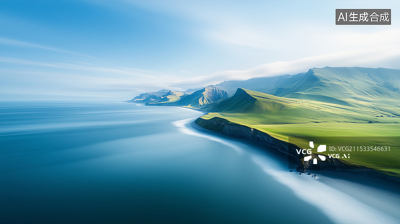 【AI数字艺术】宁静海湾与绿意山峦图片素材
