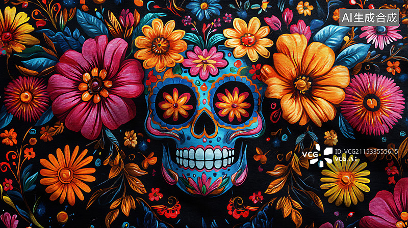 【AI数字艺术】骷髅艺术，骷髅装饰画，多彩，亡灵节图片素材