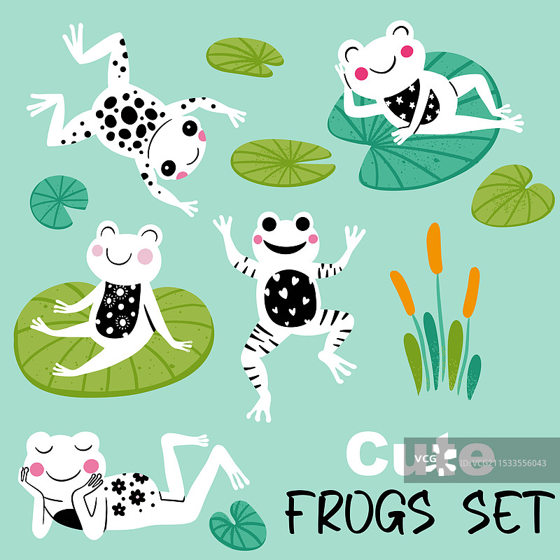 有趣的青蛙角色孤立元素组合图片素材