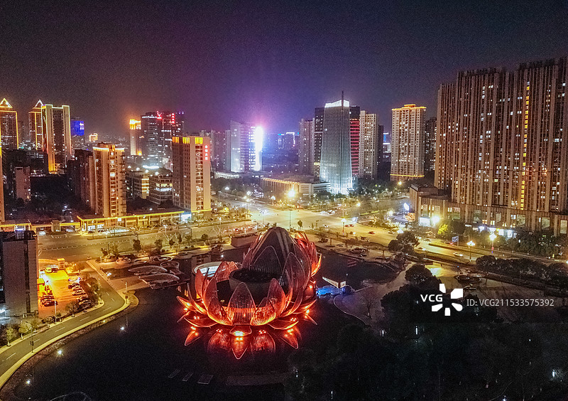 常州 武进市民广场夜景 凤凰谷 花园街 人保大厦 航拍图片素材
