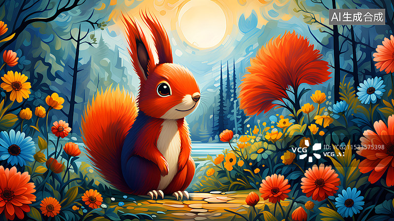 【AI数字艺术】动物主题插画 花丛中的红松鼠图片素材