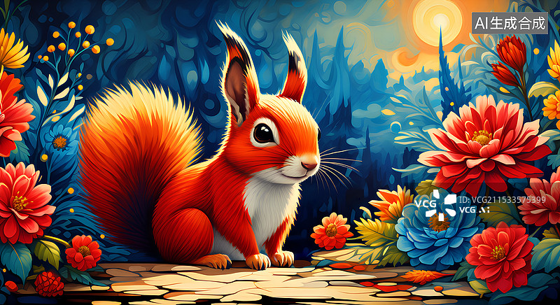 【AI数字艺术】动物主题插画 花丛中的红松鼠图片素材