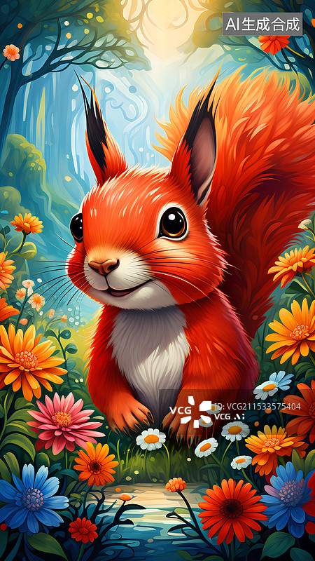 【AI数字艺术】动物主题插画 花丛中的红松鼠图片素材