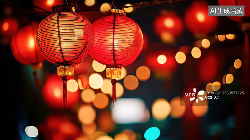 【AI数字艺术】春节元宵灯会上的红灯笼特写图片素材