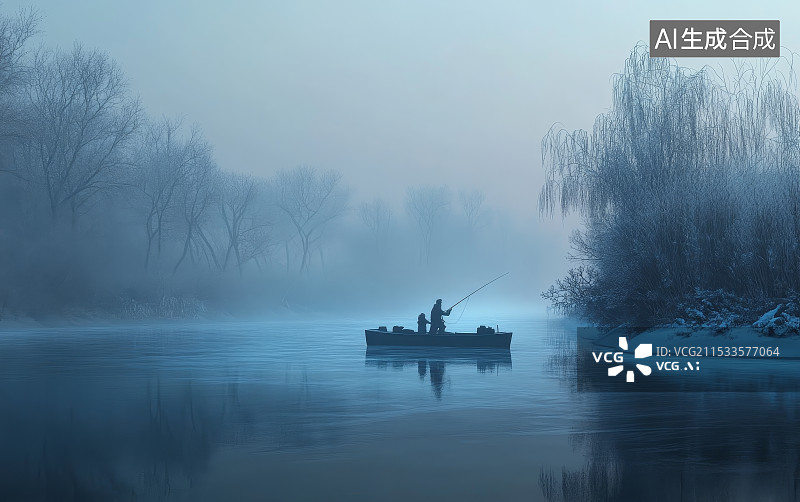 【AI数字艺术】湖中垂钓图片素材