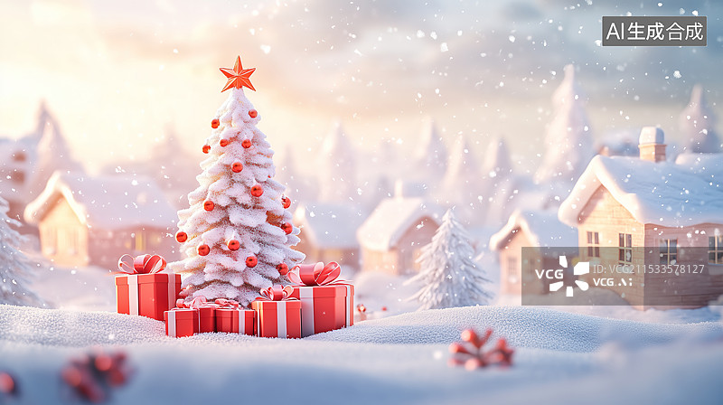 【AI数字艺术】雪地上的圣诞树和礼物盒 插画背景图片素材