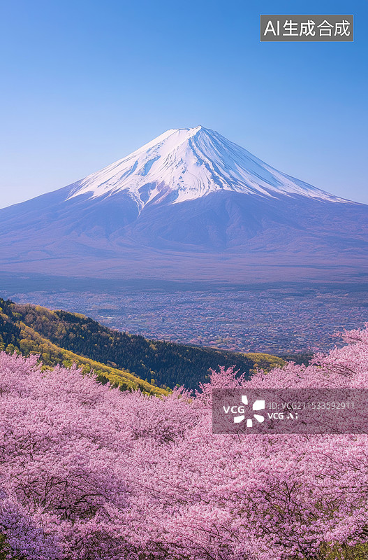 【AI数字艺术】一座被雪覆盖的山峰，前景是盛开的樱花树和一条平静的河流。天空呈现出柔和的粉红色调，给人一种宁静而美丽图片素材