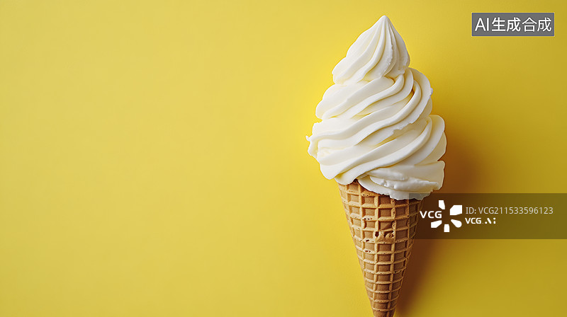 【AI数字艺术】一只装有冰淇淋的蛋筒，背景是明亮的橙黄色。冰淇淋看起来是香草口味的，呈现出柔和的白色，顶部光滑，底部图片素材