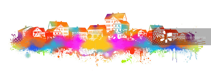 彩色城市长幅全景手绘图，不是人工智能生成的。图片素材