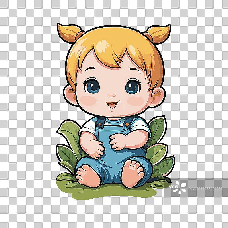 可爱的小宝宝穿着工装坐在灌木丛中图片素材