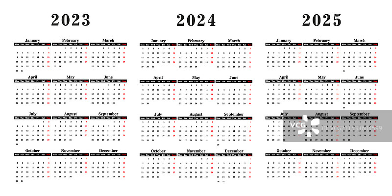 2023年、2024年和2025年的日历，周从哪天开始图片素材