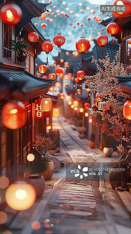 【AI数字艺术】元旦新年氛围街道灯笼图片素材