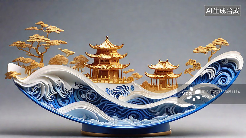 【AI数字艺术】美工雕刻风格的国风盆景图片素材