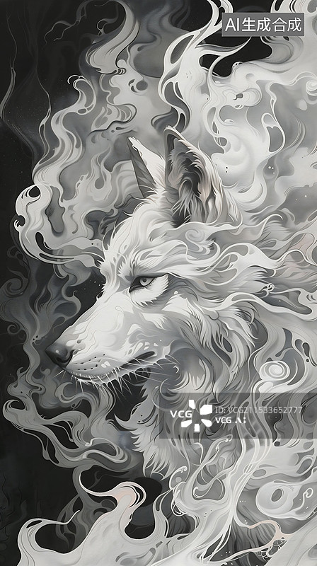 【AI数字艺术】中国神话由烟雾幻化来的狼 竖版图片素材