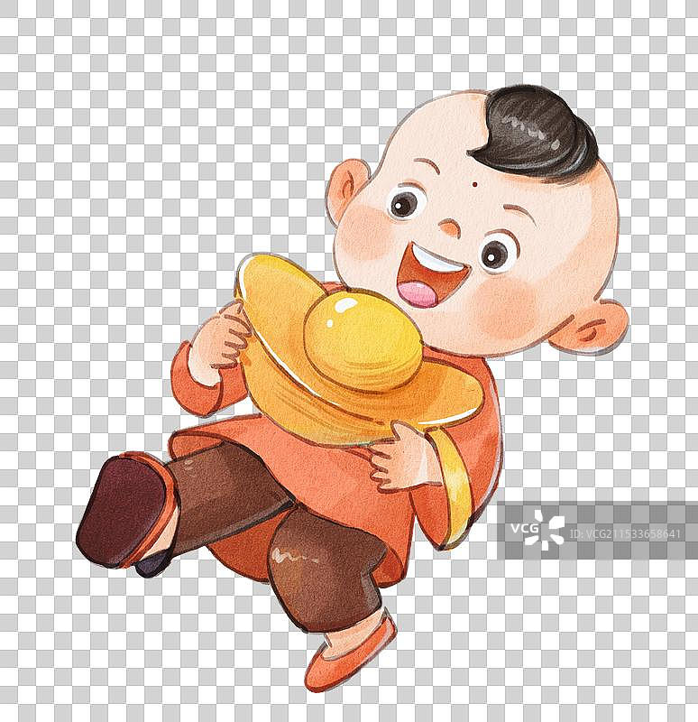 手绘水彩之男孩飞翔抱住元宝俯视免抠元素图片素材