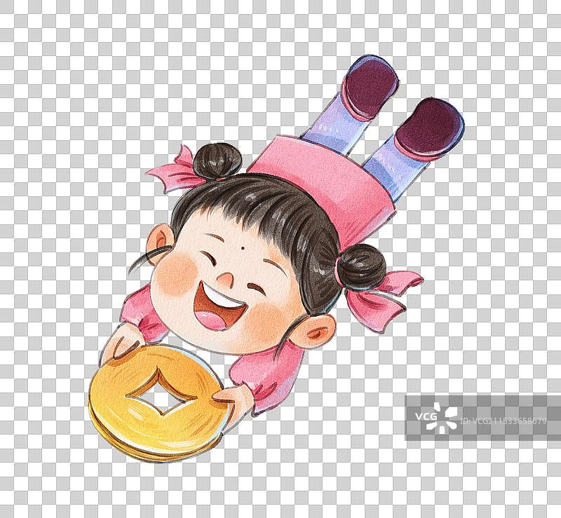 手绘水彩之女孩飞翔抓住铜钱俯视免抠元素图片素材