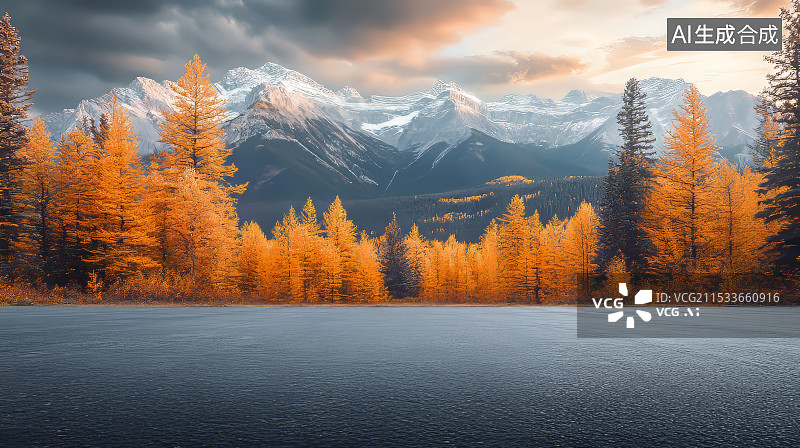 【AI数字艺术】秋季雪山风光道路，汽车广告背景图图片素材