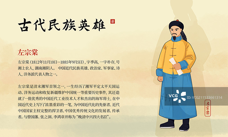 手绘古代英雄扁平肌理写实插画晚清政治家左宗棠海报设计模板图片素材