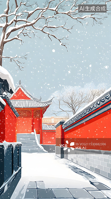 【AI数字艺术】冬天雪景下的红墙古建筑图片素材