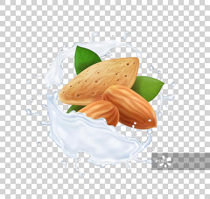 现实的杏仁在牛奶飞溅中图片素材