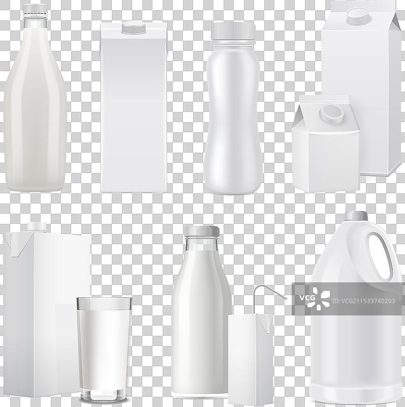 逼真的牛奶瓶包装图标集图片素材