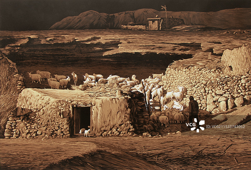 《腊月夕阳》绝版木刻图片素材