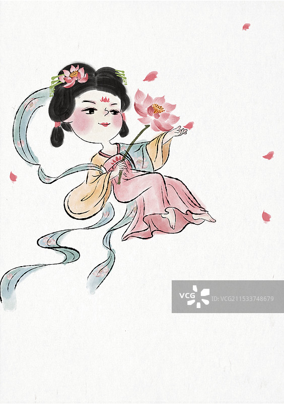 水墨风古风荷花莲花少女花神图片素材