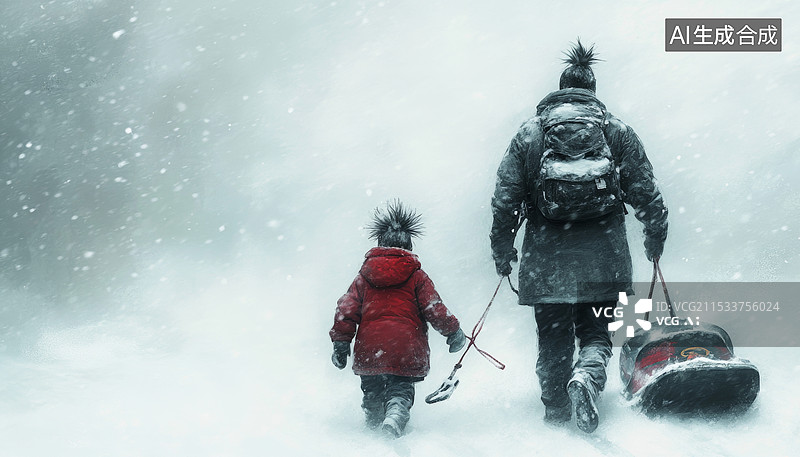 【AI数字艺术】一对父子在雪中行走的场景。父亲拉着一个红色的行李箱，儿子则拉着两个红色的雪橇，两人背对着镜头，图片素材