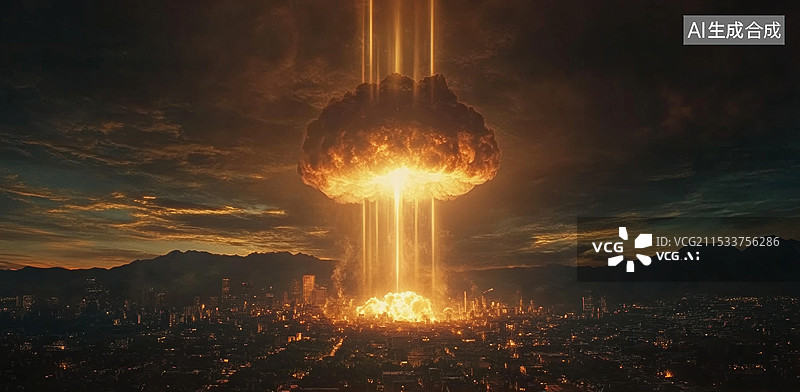 【AI数字艺术】一个城市的灾难场景，画面中央是一个巨大的爆炸蘑菇云，象征着核爆炸或大规模爆炸事件。图片素材