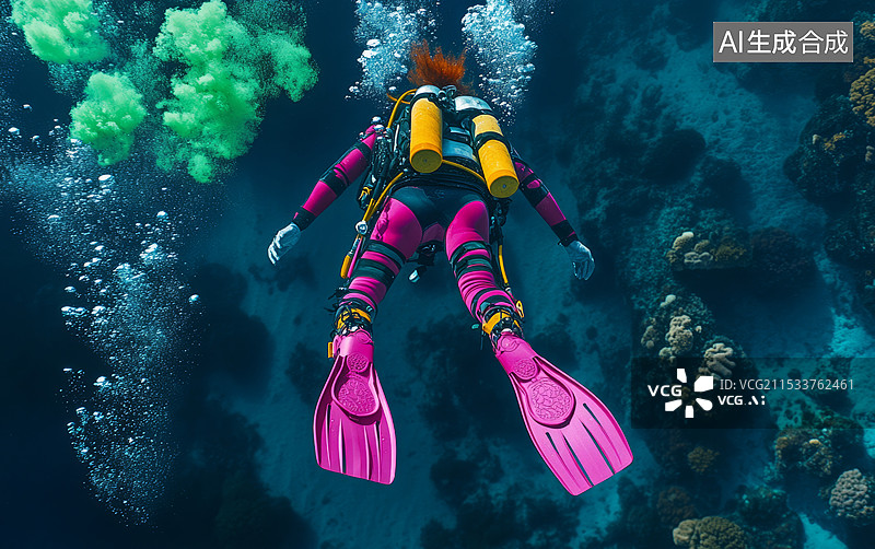 【AI数字艺术】一位潜水员在深海中探索的场景。潜水员穿着潜水服，背着氧气罐，脚上穿着粉色的脚蹼，正在水中游动。图片素材