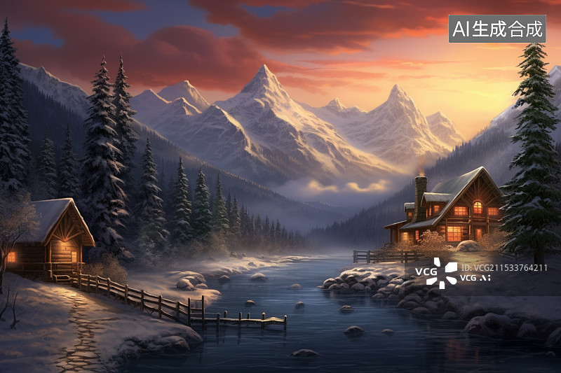 【AI数字艺术】雪山日落下的森林小木屋图片素材