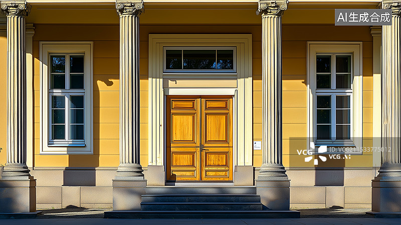 【AI数字艺术】国际法院大楼的正面，采用古典建筑风格，拥有宏伟的柱子和宽大的入口。象征着正义、法律与治理，优雅的设计图片素材